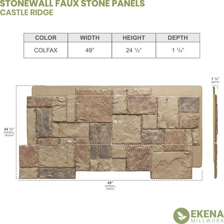 Ekena Millwork 49"W x 24 1/2"H x 1 1/4"D Castle Rock Stacked Stone, StoneWall Faux Stone Siding Panel, Colfax PNU24X48CRCO